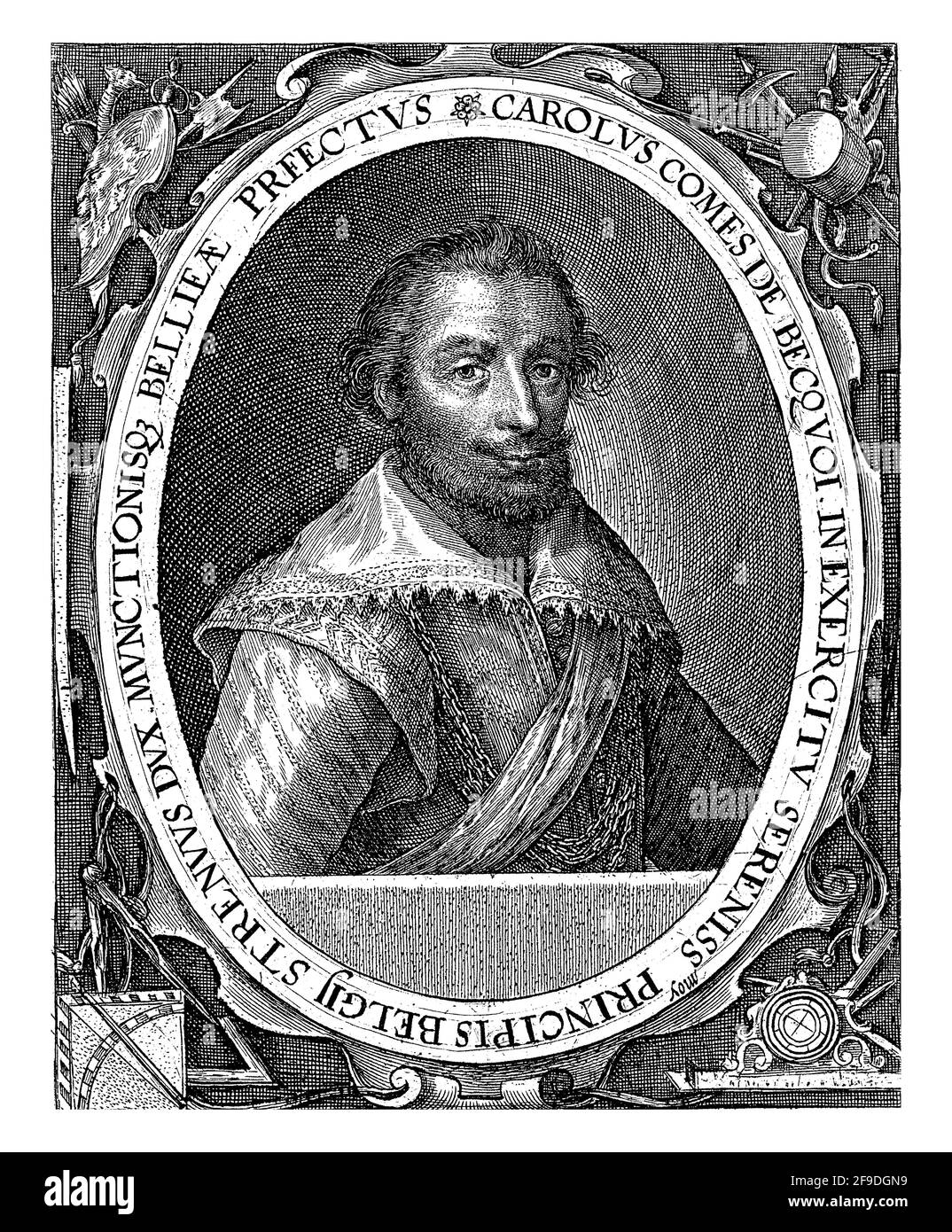 Portrait du soldat Charles-Bonaventure de Longueval, comte de Bucquoy. Différentes armes et instruments de navigation autour du cadre. Banque D'Images