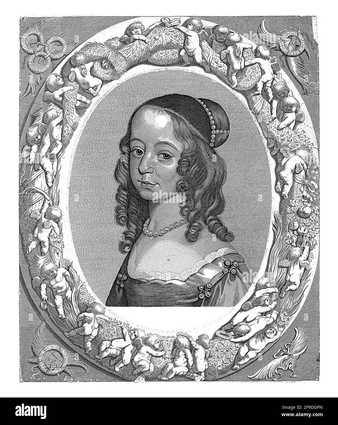 Portrait de Henriette Catharina. Son nom et son titre dans un cadre. Entièrement dans un cadre ovale gravé séparément avec un certain nombre de figures allégoriques et Banque D'Images