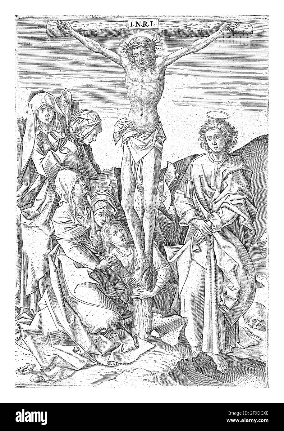 Christ sur la croix, flanqué d'une Marie à genoux à gauche et de Jean à droite. Marie Magdalene s'agenouille derrière la croix et peut être reconnue par elle Banque D'Images
