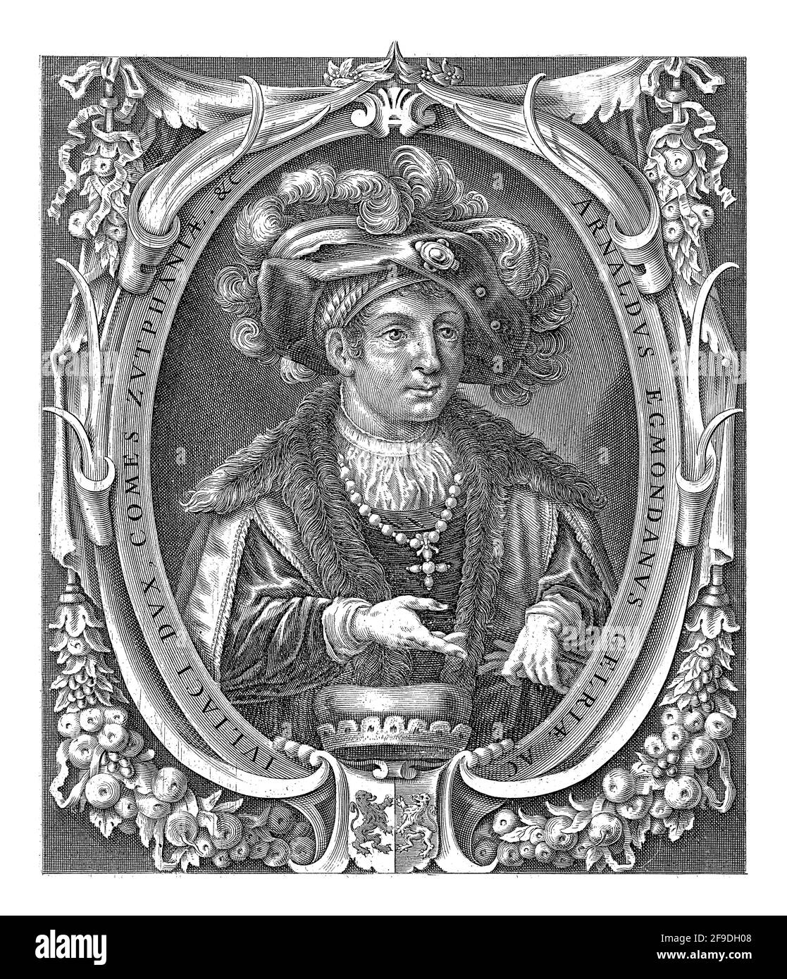 Portrait d'Aarnout van Egmond, duc des Guelders et comte de Zutphen. Le portrait est contenu dans une cartouche décorée de fruits, avec le manteau de Banque D'Images