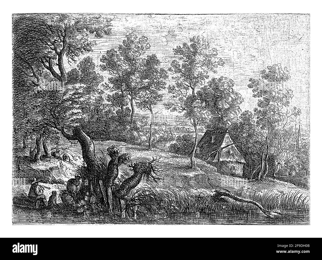 Paysage avec une maison et un puits, en premier plan un berger jouant la flûte avec son chien. Banque D'Images