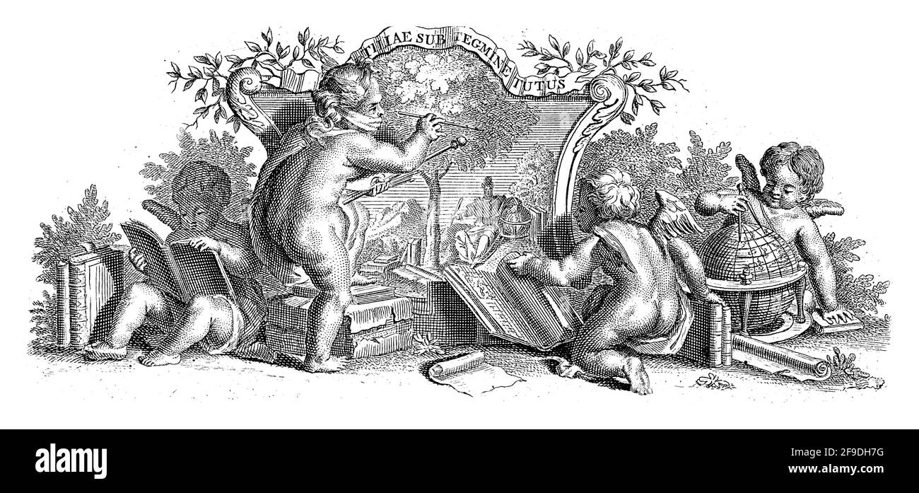 Quatre putti ensemble. Deux d'entre eux lisent des livres. Un putto peint un paysage avec un écrivain à côté d'un globe sous un arbre. Banque D'Images