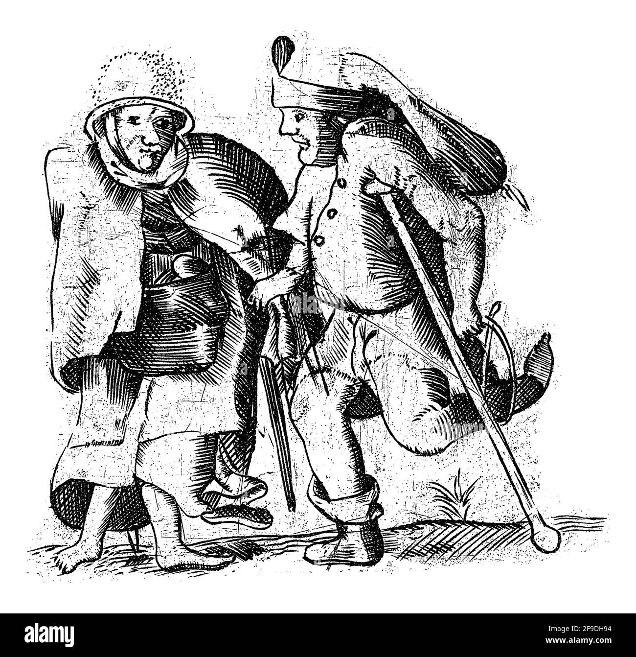 A gauche une vieille femme et à droite un homme sur des béquilles. Sur la gauche un texte dans l'image miroir. Banque D'Images