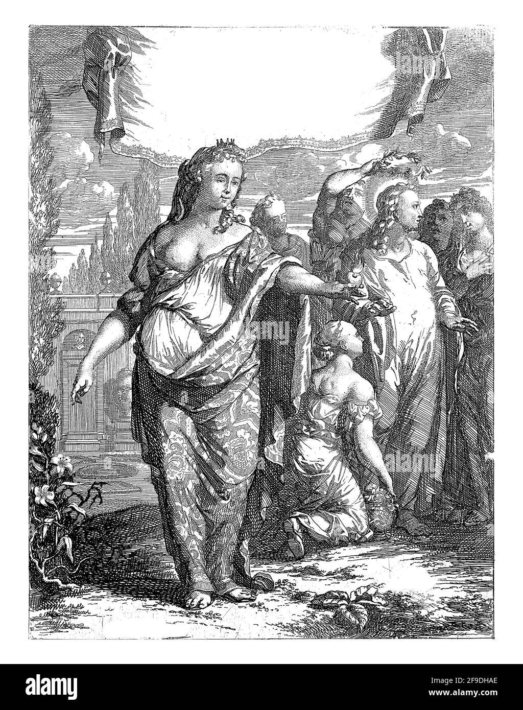 L'amour personnifié, une des vertus divines, avec un coeur brûlant dans sa main avec le Christ en arrière-plan, qui est honoré et entouré par fi Banque D'Images