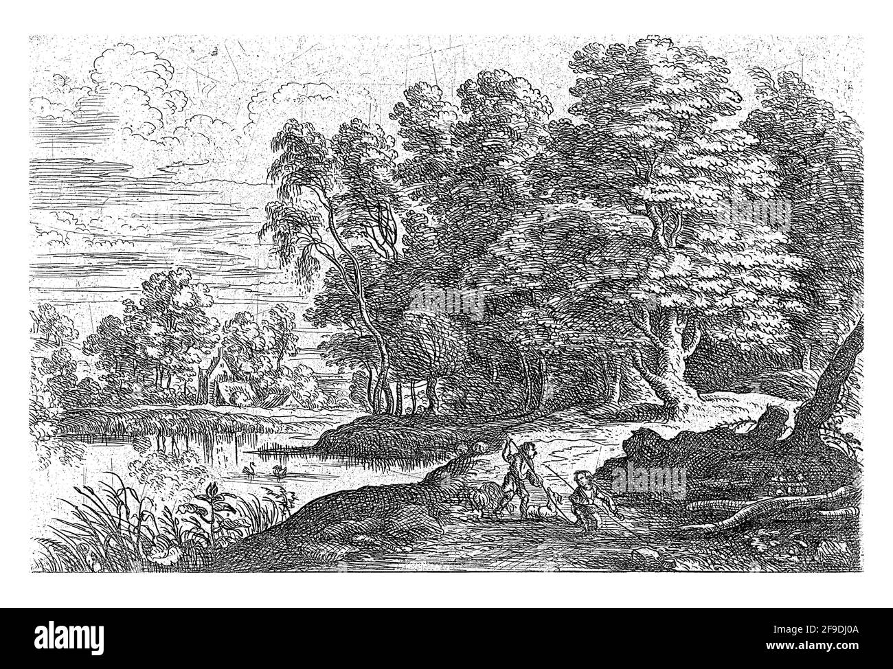 Paysage avec une rivière. Sur la banque, deux garçons avec un personnel, un chien et un certain nombre de moutons. Banque D'Images