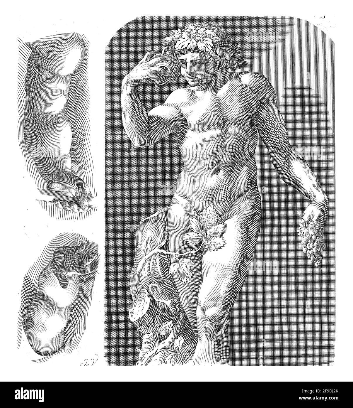 Feuille d'étude avec une statue de Bacchus et deux bras à gauche. Banque D'Images