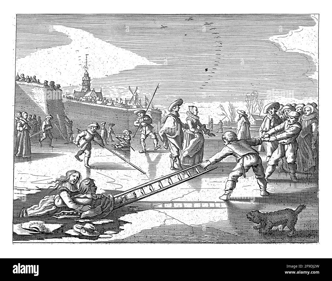 Lycoris tombe par la glace. Elpenor son amant essaie de la sauver et saute également dans l'eau. Banque D'Images