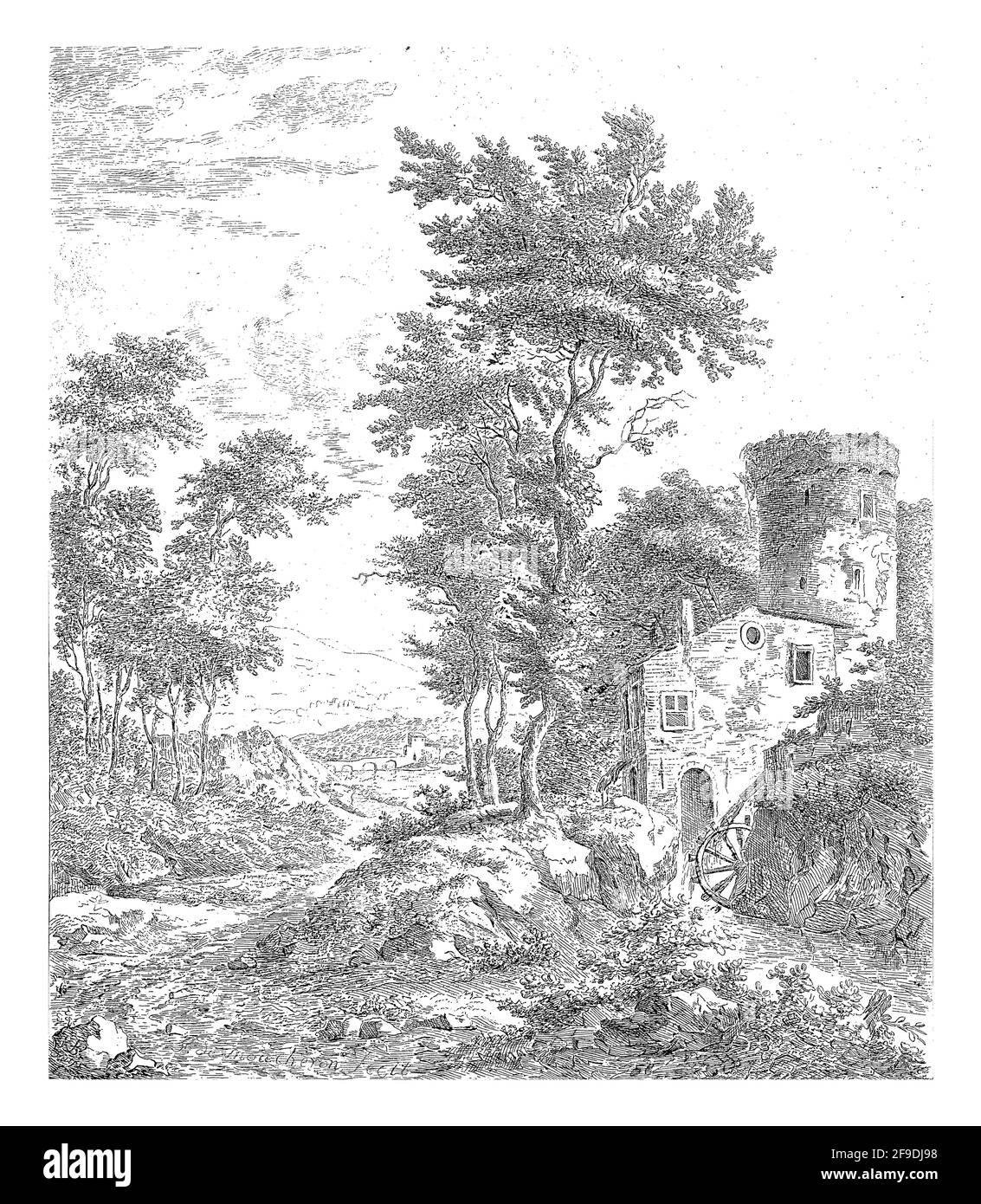 Une rivière descendant avec des arbres de chaque côté. À gauche une maison avec une tour et une roue d'eau. En arrière-plan une vallée avec un pont ou une plaque Banque D'Images