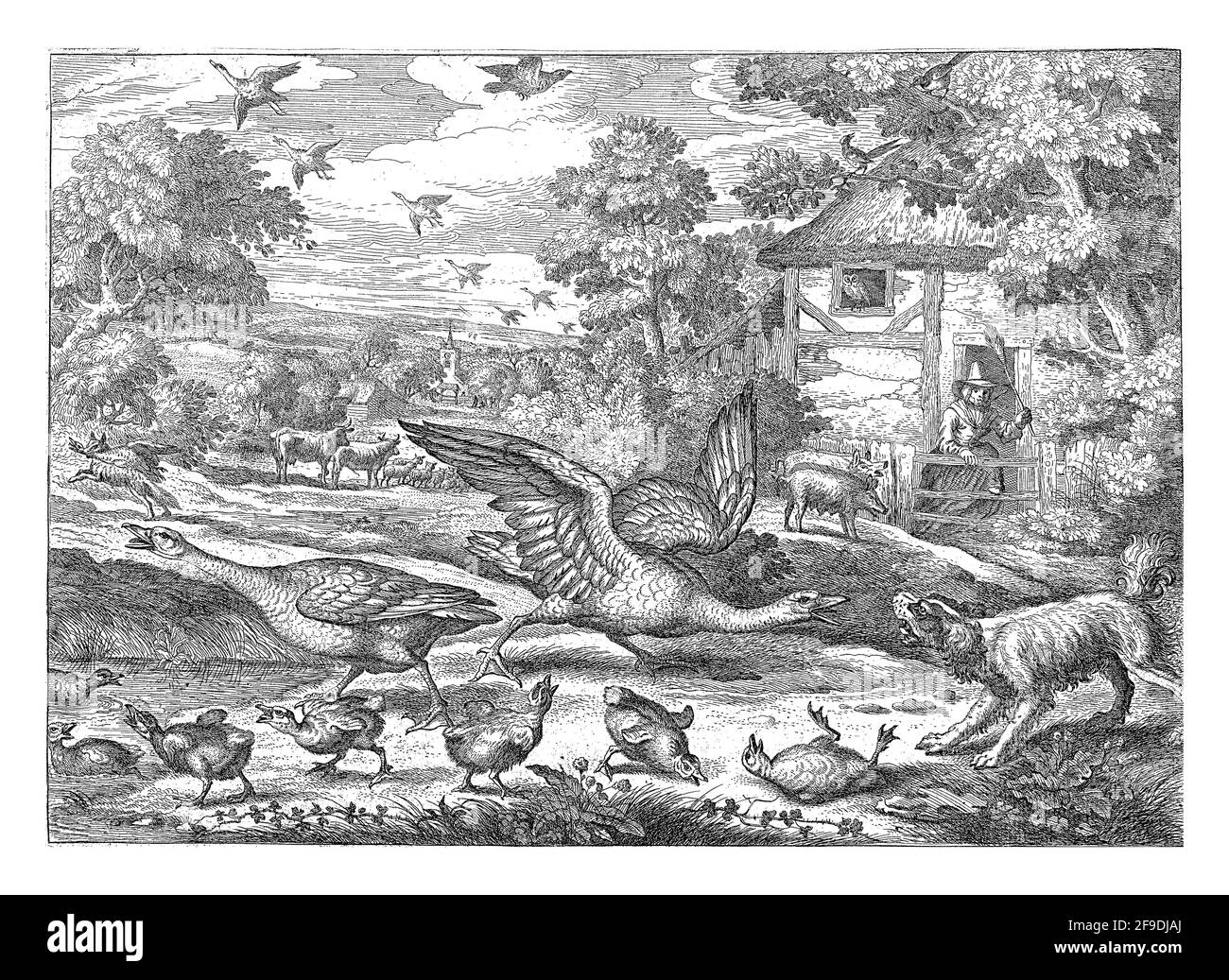 Paysage avec deux oies en premier plan défendant leurs jeunes contre un chien aboyant. À droite, une femme est debout derrière une clôture avec un balai Banque D'Images