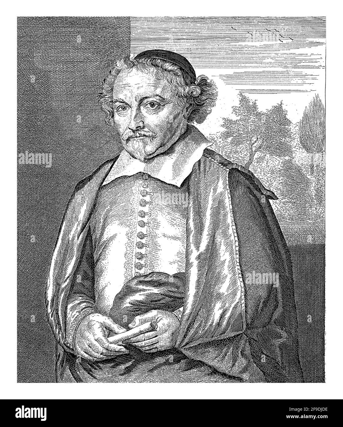 Portrait de Joost van den Vondel avec un rouleau de papier dans sa main, peut-être une référence à ses écrits. Banque D'Images