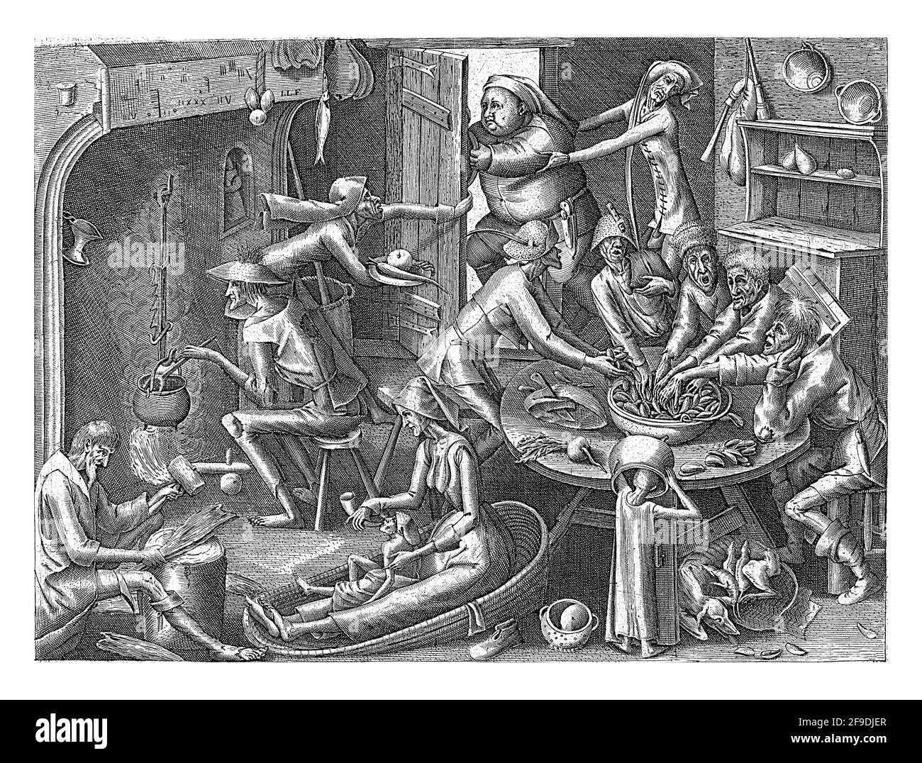 Cuisine intérieure avec des personnes mouettes mangeant des moules à une table. Un homme agite un chou-fleur sur le feu et en face une femme donne à un enfant de boire de a d. Banque D'Images