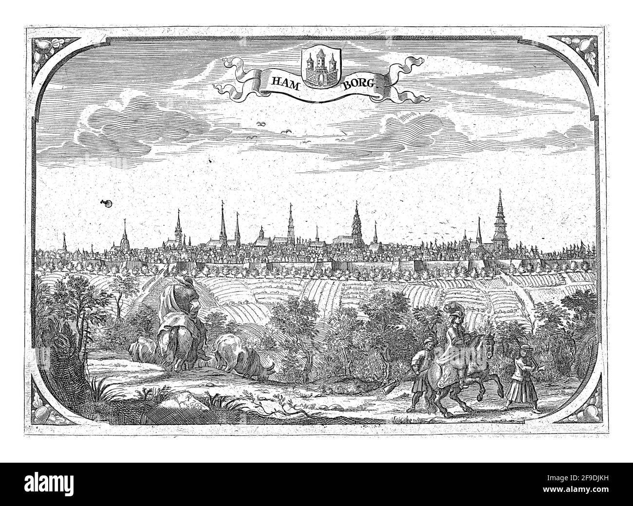 Vue sur la ville de Hambourg depuis un pré à l'extérieur La ville.en premier plan un cavalier avec deux chasseurs et Un berger avec des vaches.au centre de la couche Banque D'Images