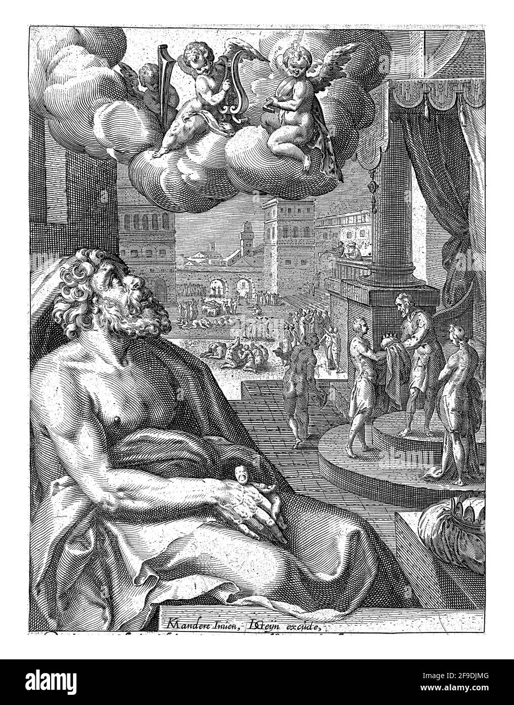Salomon, assis dans un cadre architectural, son regard sur trois anges dans une couronne de nuages au-dessus de lui. Avant lui se trouve une couronne - une référence à son ki Banque D'Images