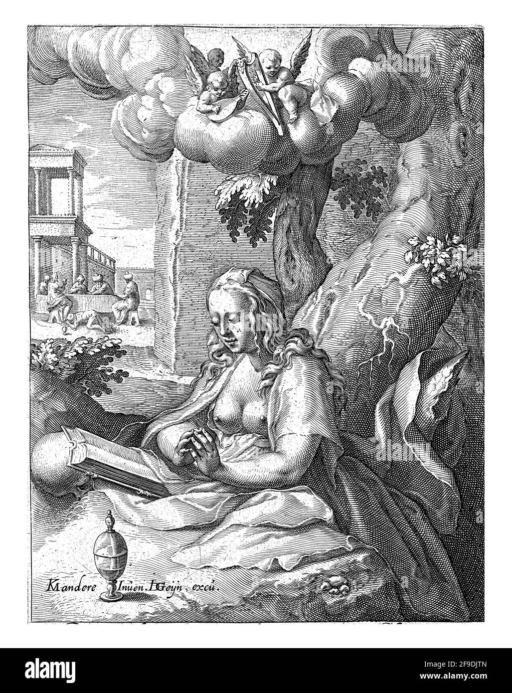 Mary Magdalene, lecture par un arbre. En face d'elle est un pot de pommade, qui se réfère à une scène de sa vie qui est également représentée dans l'arrière-plan Banque D'Images Mary Magdalene, lecture par un arbre. En face d'elle est un pot de pommade, qui se réfère à une scène de sa vie qui est également représentée dans l'arrière-plan Banque D'Images