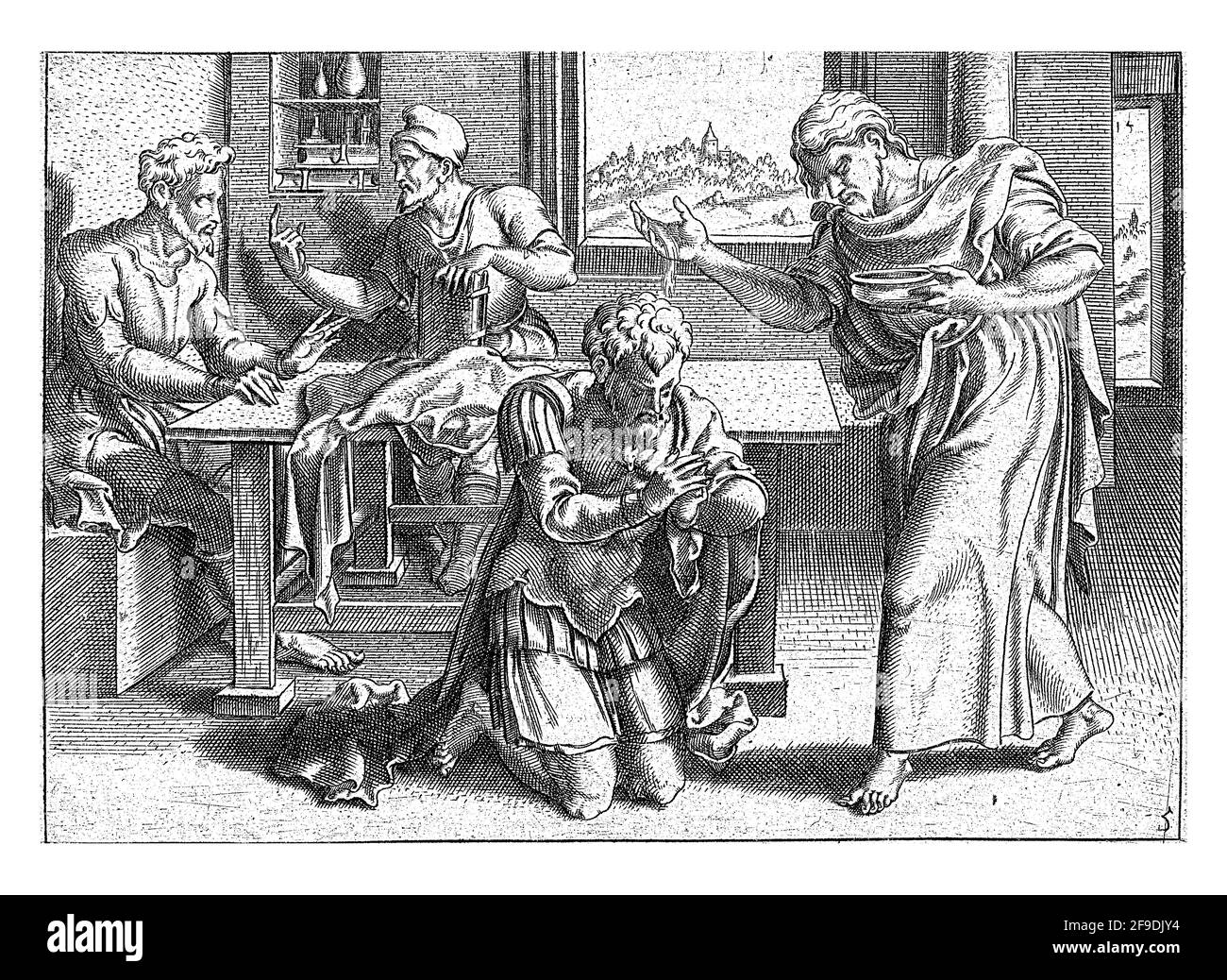 Paul s'agenouille sur le sol et Ananias le baptise par verser de l'eau sur sa tête Banque D'Images