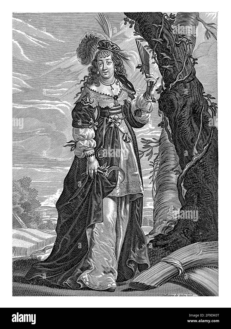 L'été sous le couvert d'une femme vêtue du XVIIe siècle. Un ventilateur d'une main, une faucille de l'autre. À côté d'elle un champ de blé et un paquet de Banque D'Images