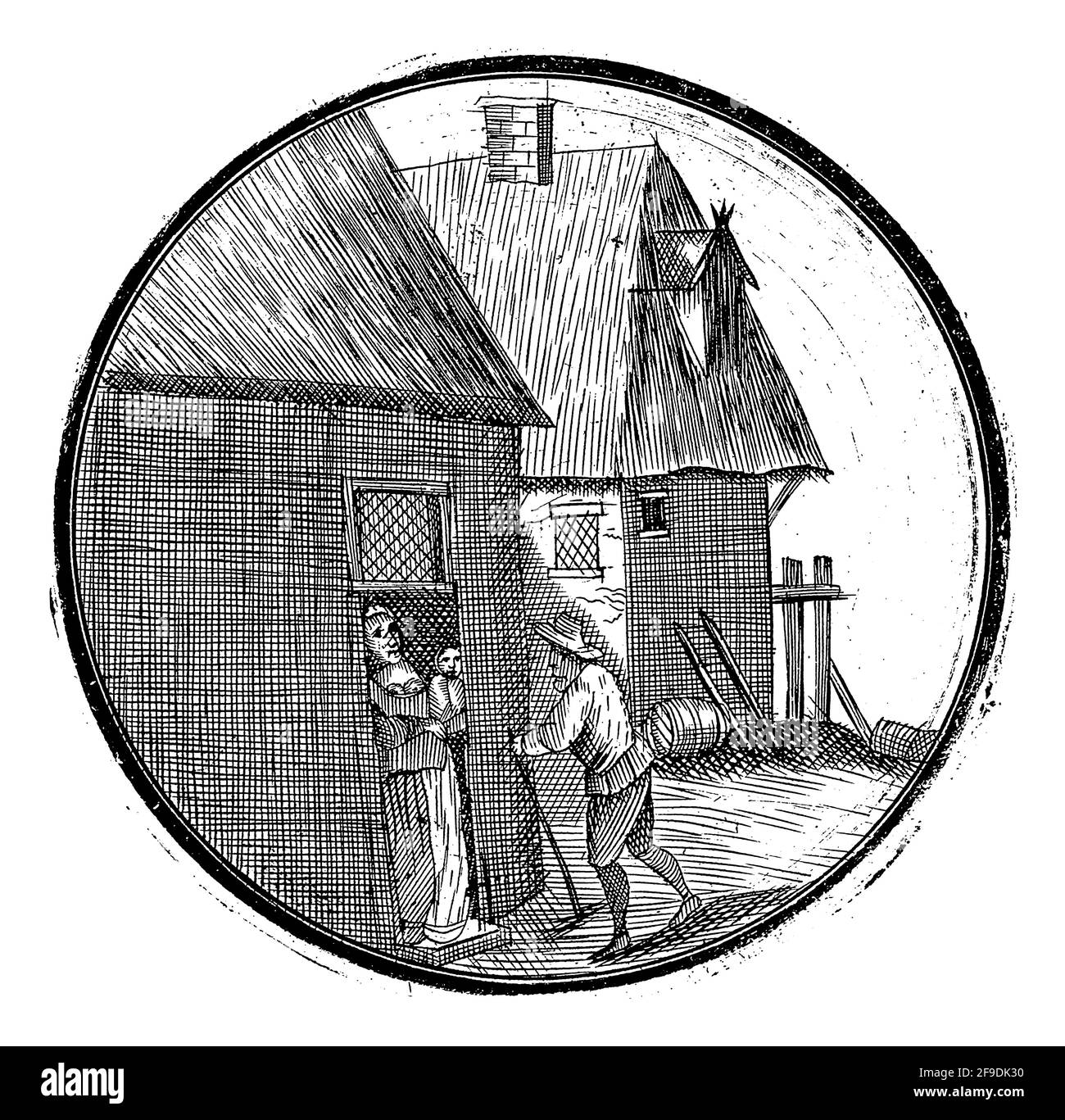 Deux maisons avec une femme avec un enfant sur son bras au premier plan de la porte. Elle parle à un homme avec un bâton de marche. Banque D'Images