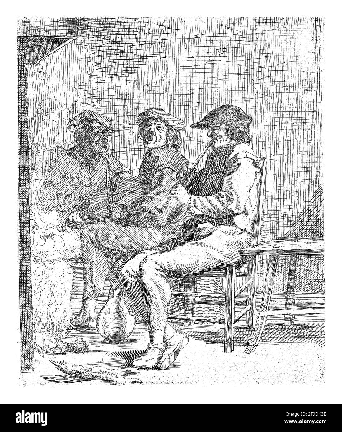 Trois hommes qui font de la musique s'assoient devant un foyer. Un homme joue la flûte, un autre violon, le troisième chante. Banque D'Images
