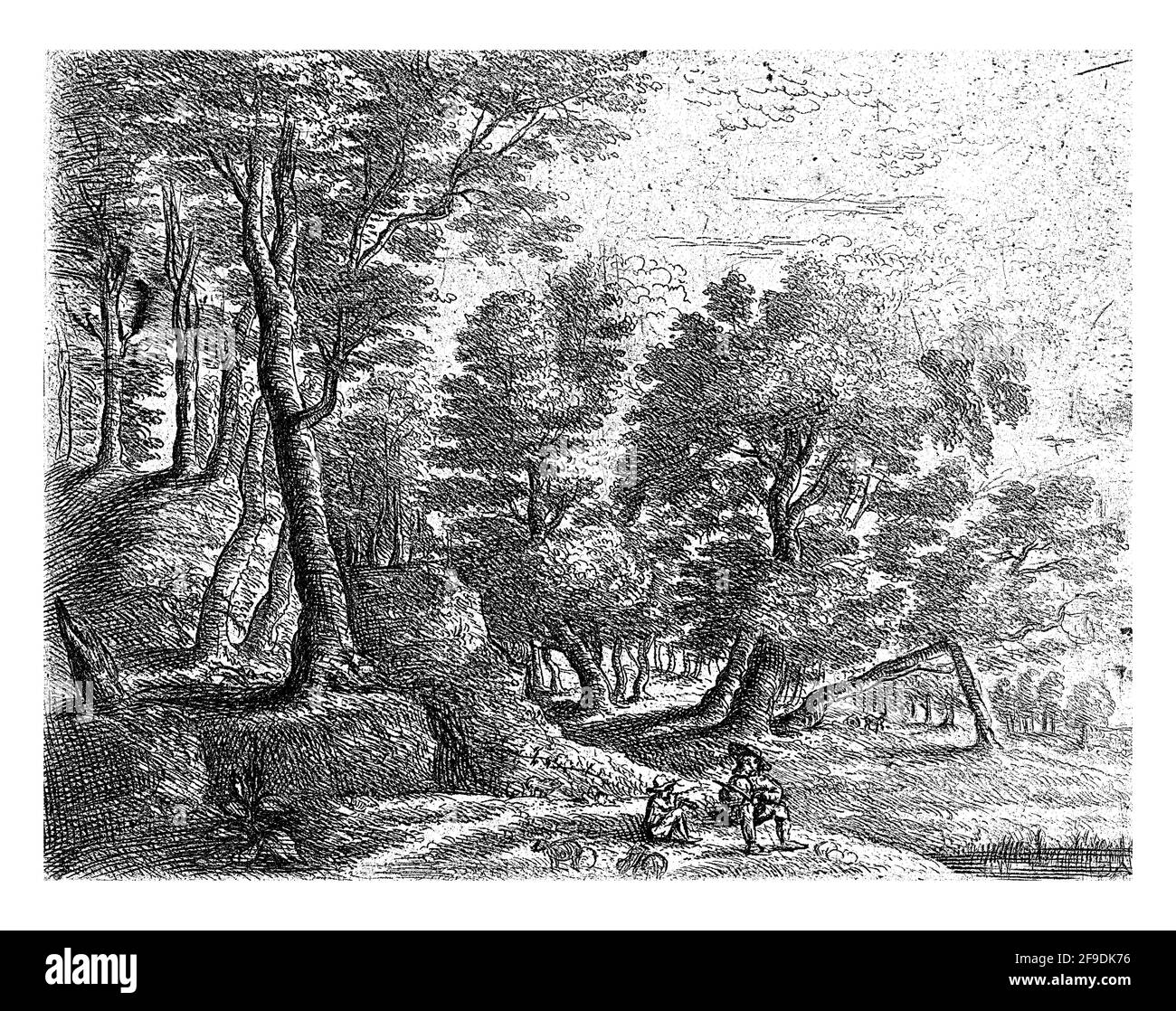 Quatrième d'une série de huit. Paysage boisé avec un berger assis et un garçon jouant une flûte. Banque D'Images