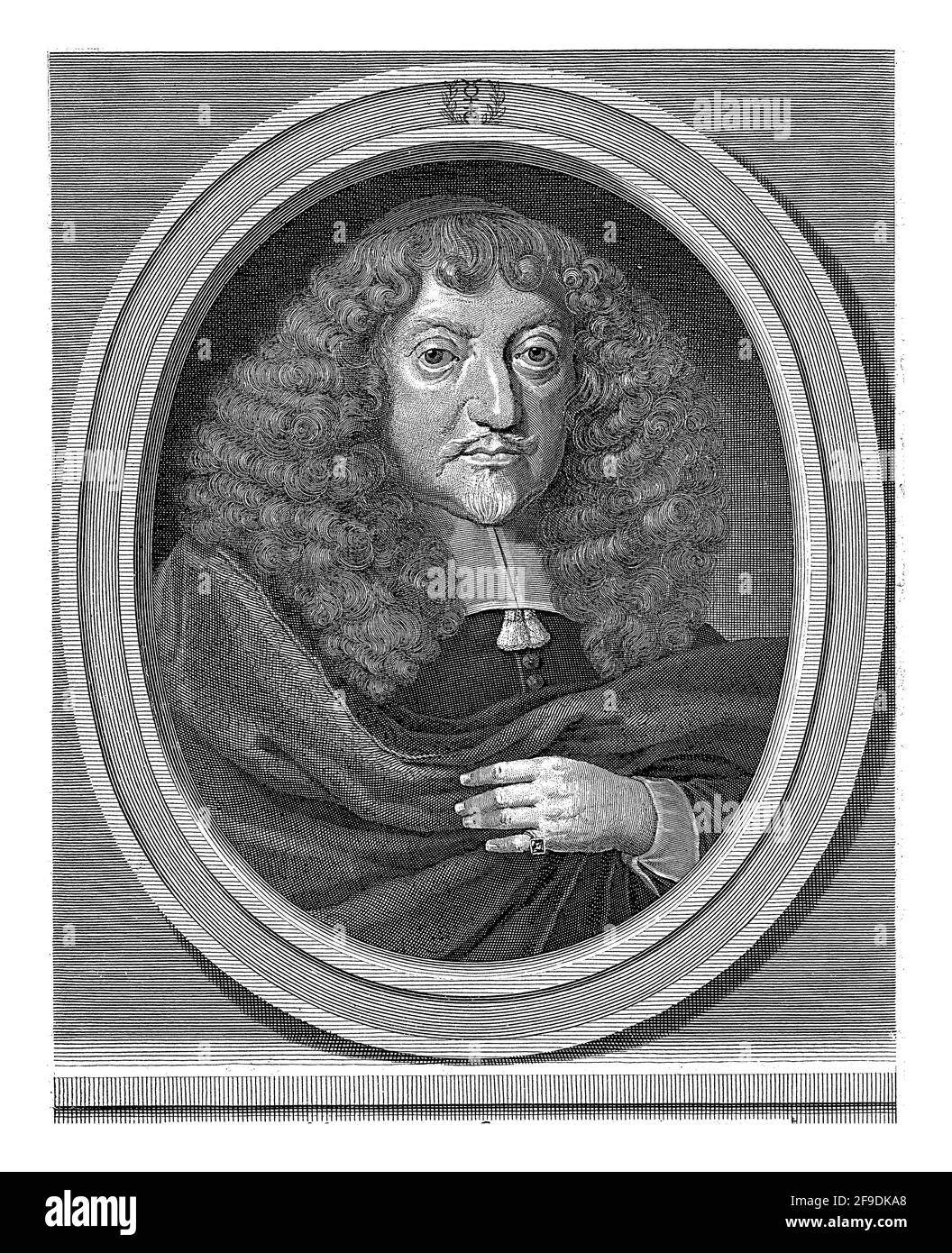 Portrait de Benjamin Engelcke, astronome et membre d'une famille importante de Danzig. Sous le portrait, un texte de six lignes en latin. Banque D'Images