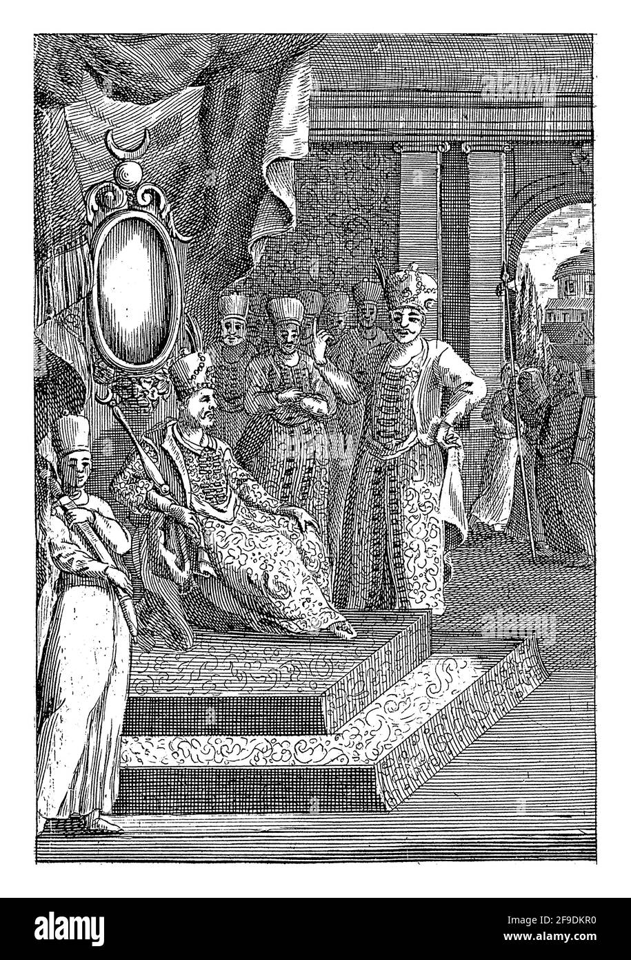 Sultan sur le trône est visible sur la droite et six versets de quatre lignes décrivant la représentation sur la gauche. Banque D'Images