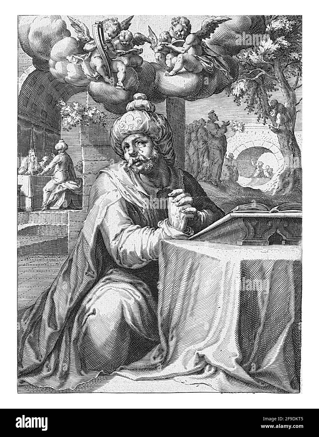 Zacchaeus, sur ses genoux, priant devant une table avec un livre. En arrière-plan, deux scènes de la vie de Zacchaeus, un collectionneur de taxe: Sur la plate-forme Banque D'Images