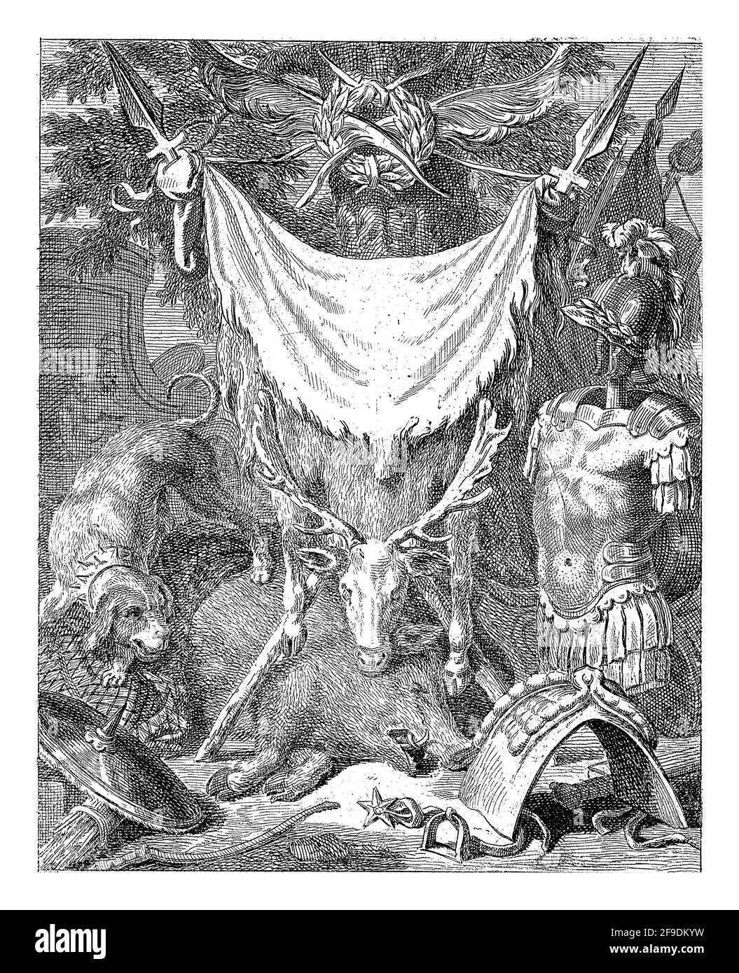 Au premier plan, les armoiries, la selle et l'armure de l'Achille, avec le chien, le sanglier et le cerf.Cloth avec le titre de la série pend entre deux lances. Ci-dessus Banque D'Images