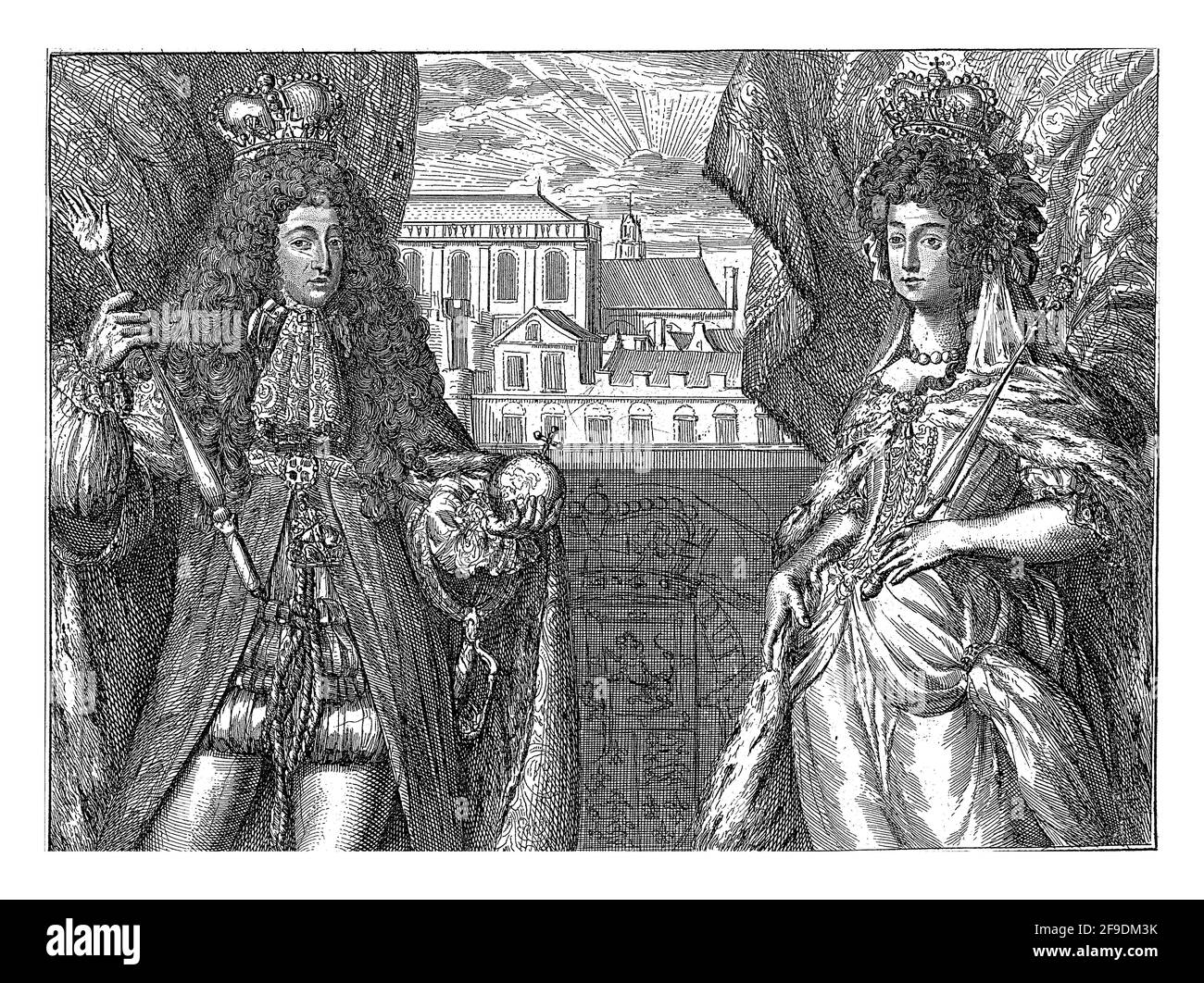 Portraits du roi William III et de la reine Mary II Stuart, debout avec des couronnes, des insignes et en régalia intégrale, devant une balustrade. Banque D'Images
