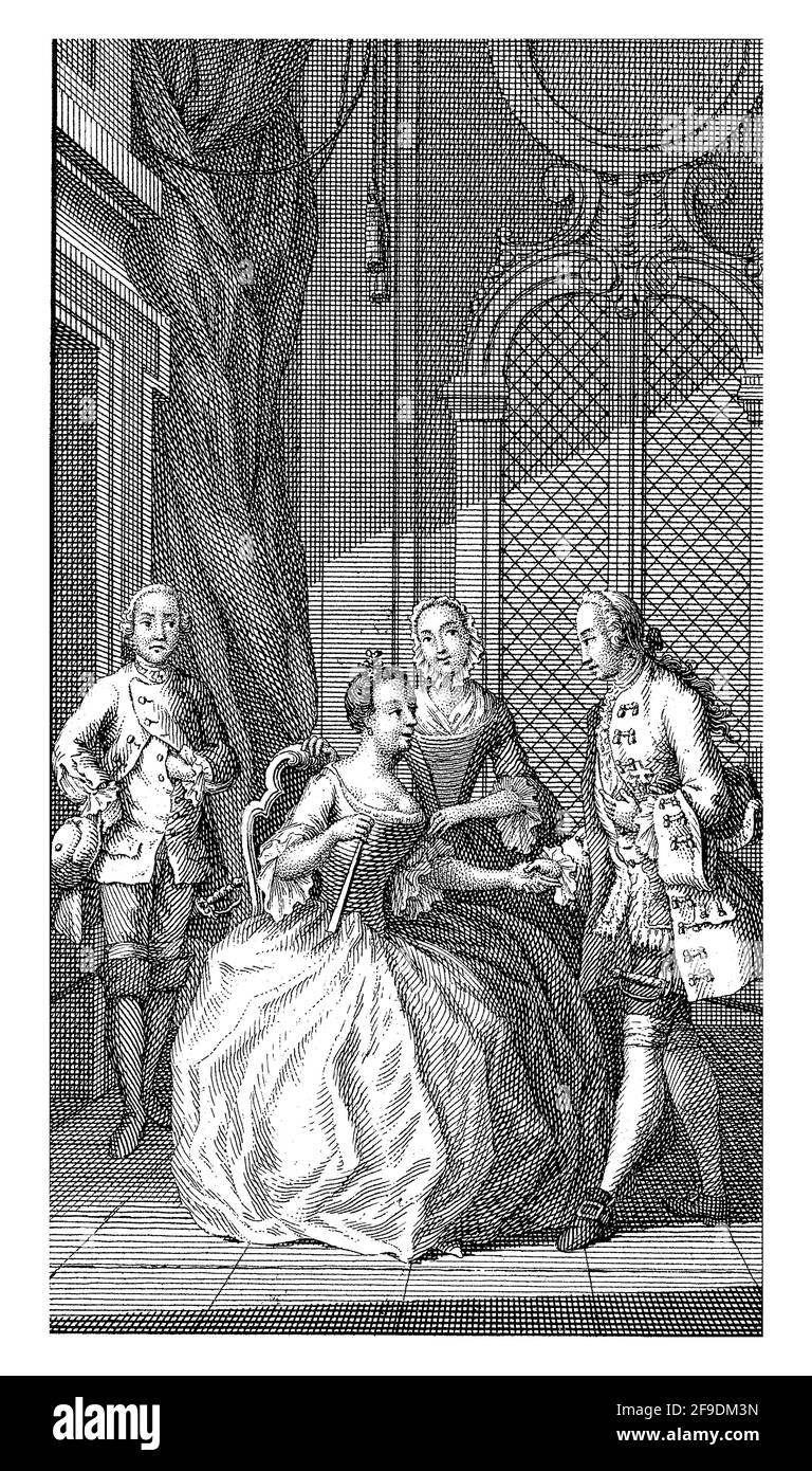 Dans un intérieur décoré, un homme accueille une jeune femme élégamment habillée, qui est assise dans une chaise. Derrière la jeune femme se trouvent deux serviteurs. Banque D'Images
