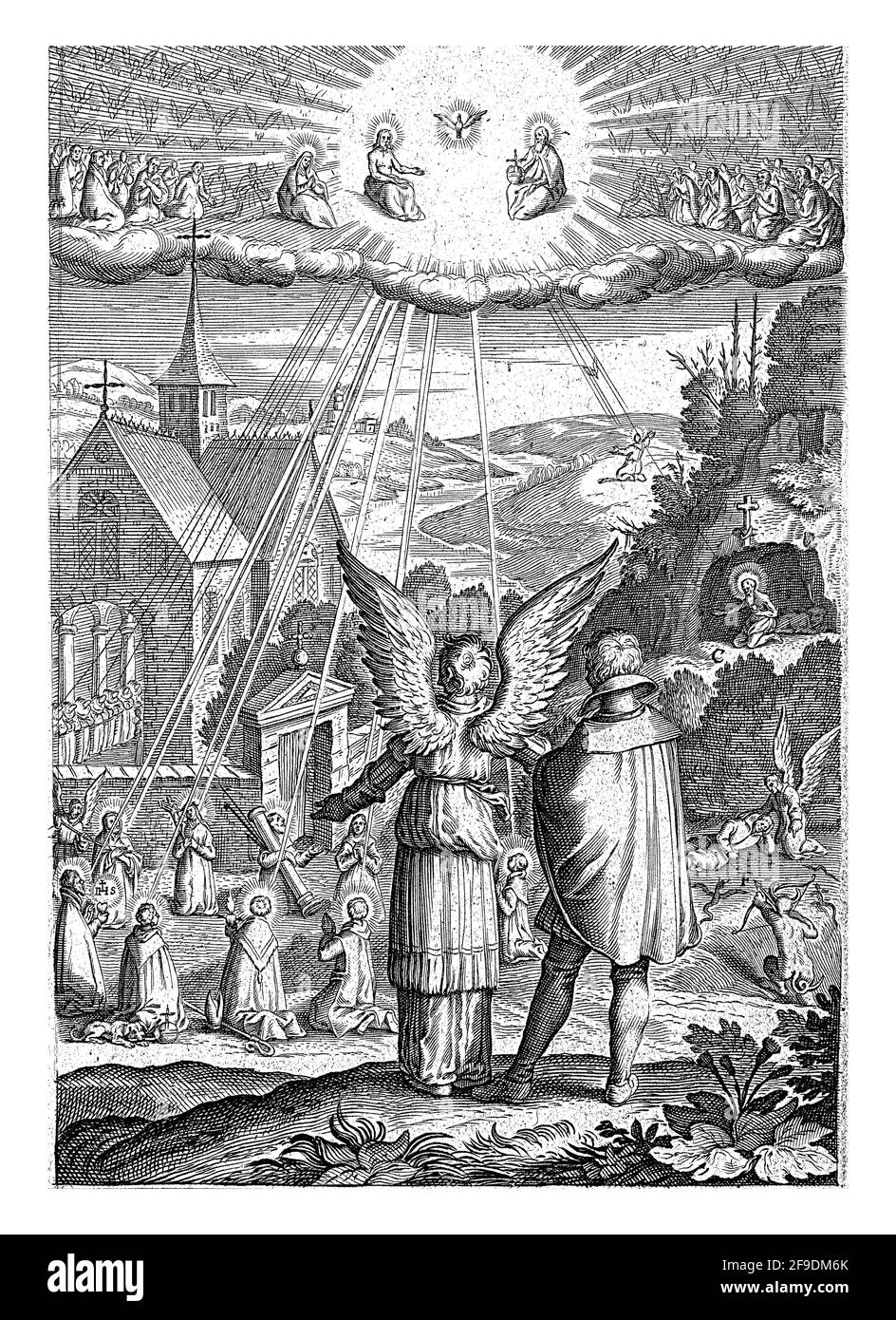 Un ange montre un homme à vivre après l'exemple des saints. Dans un jardin près d'un monastère, un groupe de saints s'agenouillent dans la prière. Du ciel avec le Ho Banque D'Images