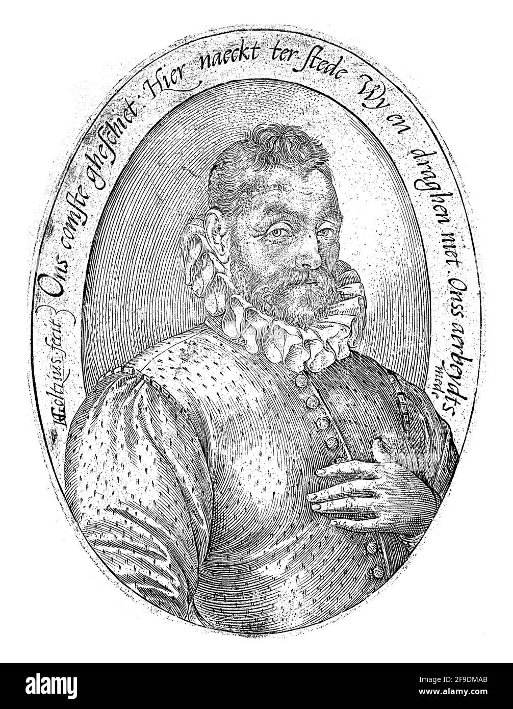 Portrait ovale de sexe masculin, demi-longueur, main gauche sur la poitrine, avec col plissé; son jerkin boutonné sur la poitrine. Pour le lettrage de bord de performance dans Dutc Banque D'Images