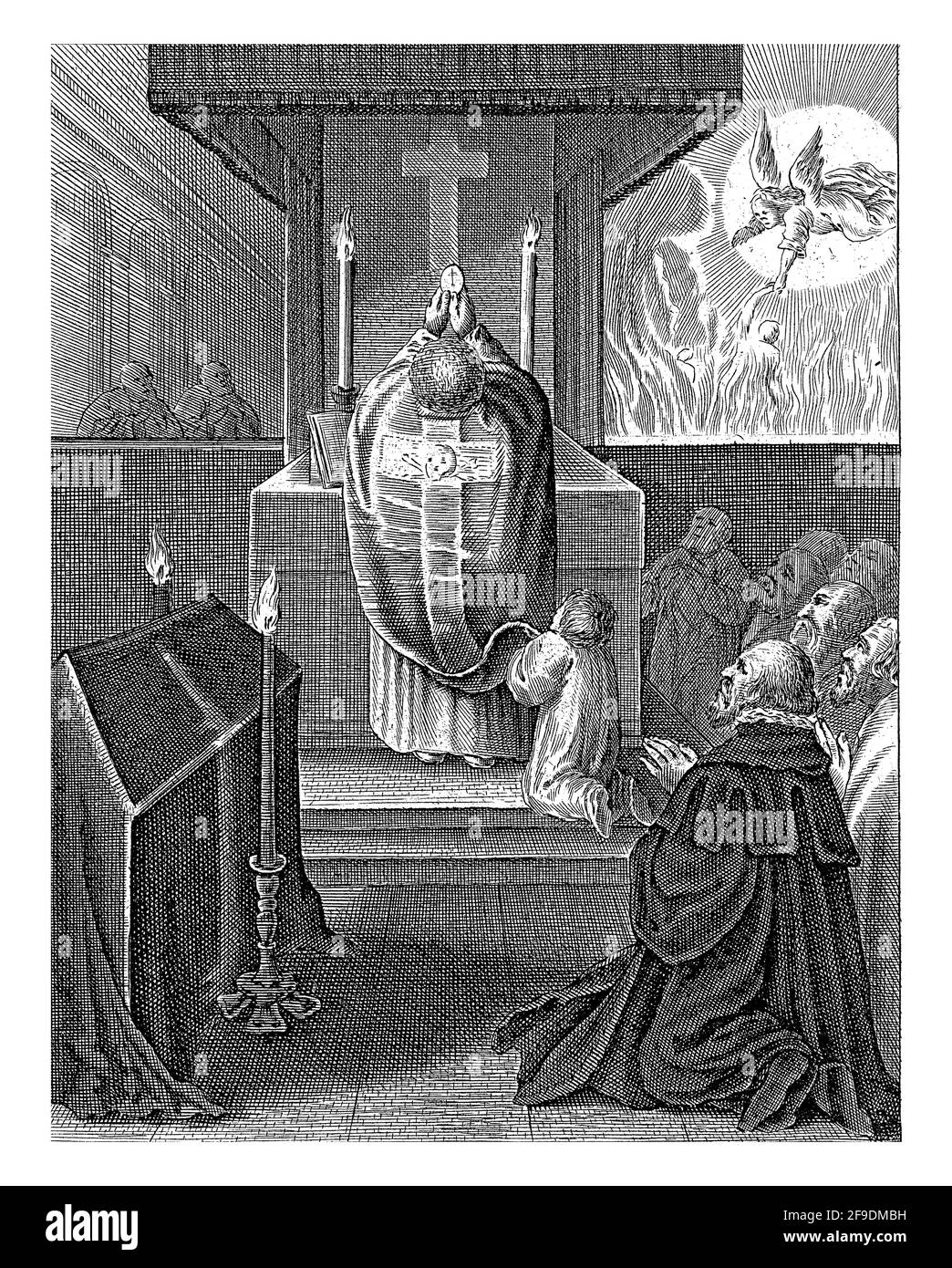 Le service funéraire. Le prêtre tient le Saint Sacrement. En arrière-plan à droite, un ange sauve une âme du purgatoire. Banque D'Images