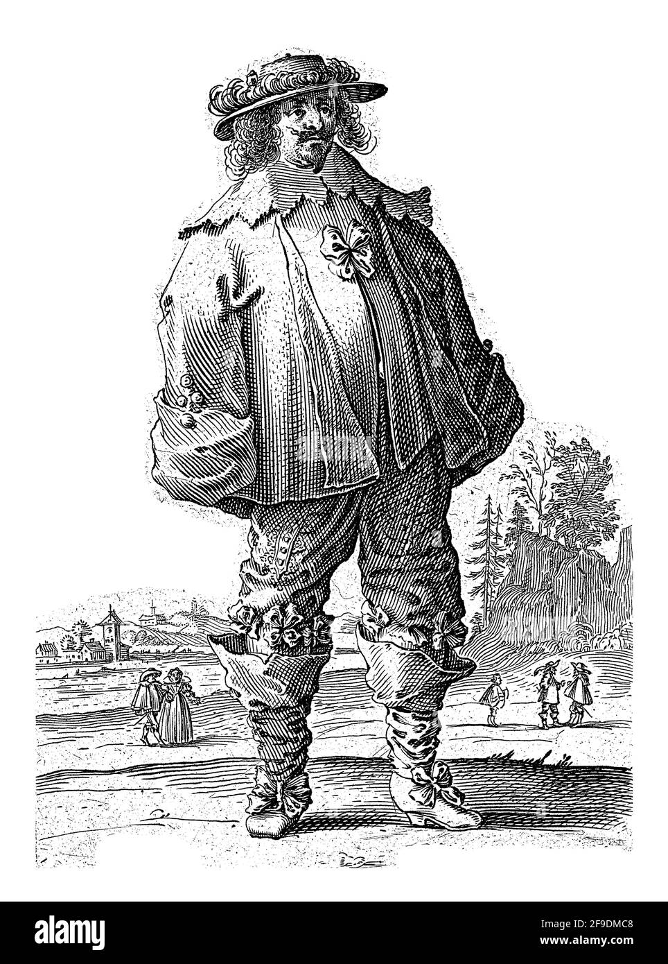 Homme debout dans un paysage, habillé selon la mode hollandaise vers 1625-35. En arrière-plan les contours d'un village et quelques figures. Banque D'Images