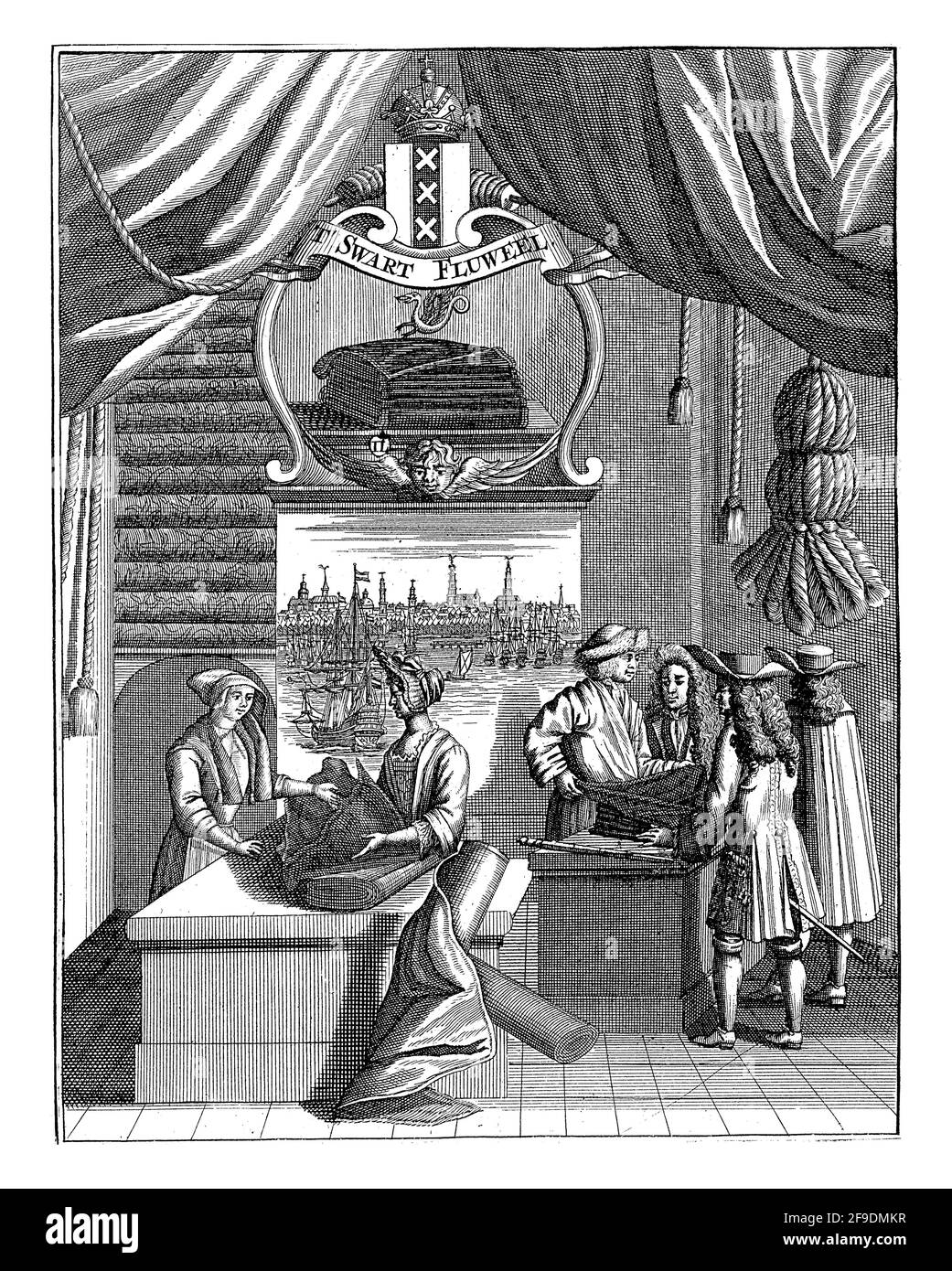 Intérieur de la boutique de tissu 't Swart Velweel, où les rouleaux de tissu sont vus par quelques messieurs, habillés selon la mode de la deuxième moitié Banque D'Images