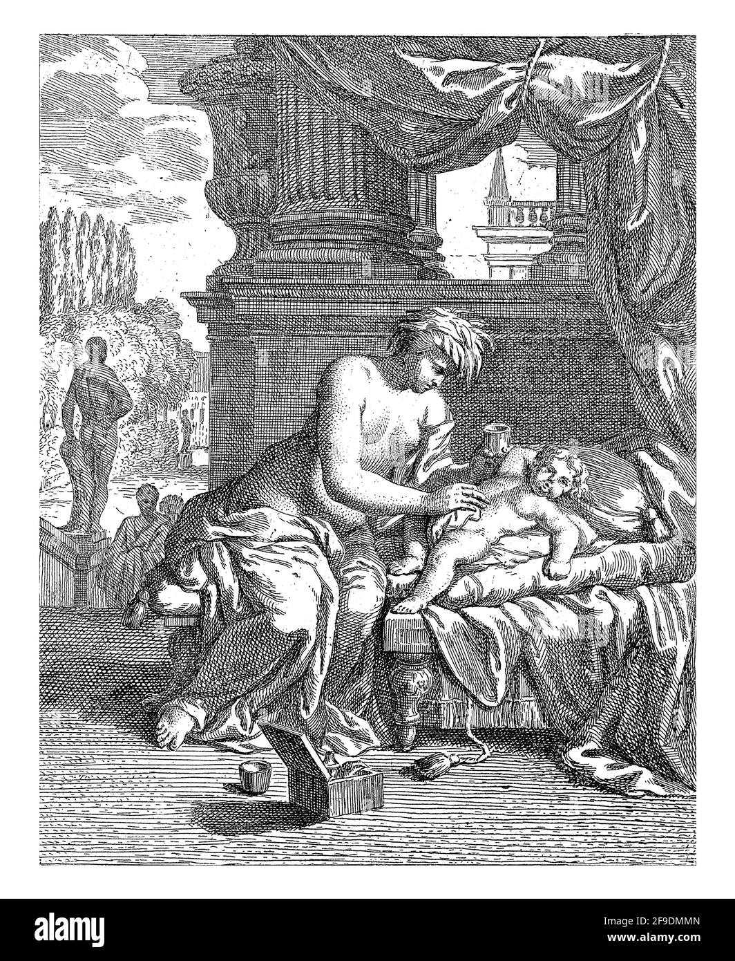 Thetis smare son enfant mortel d'Achille avec de l'herbe à poux, espérant le rendre immortel. Elle est assise sur une chaise longue sur une rambarde. Au premier plan, une case c Banque D'Images