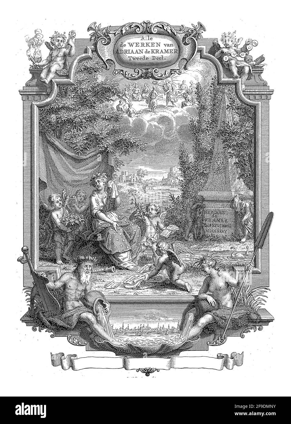 La poésie pleure la mort de l'écrivain Adriaan de Kramer. Elle est accompagnée de putti avec des attributs qui symbolisent les arts Banque D'Images