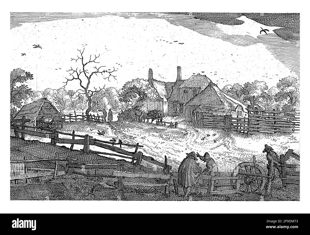 Vue sur une route de campagne sur laquelle se trouve une auberge. Au premier plan se trouvent trois figures à une clôture en bois. Cette impression fait partie de la série « faces proches de » Banque D'Images