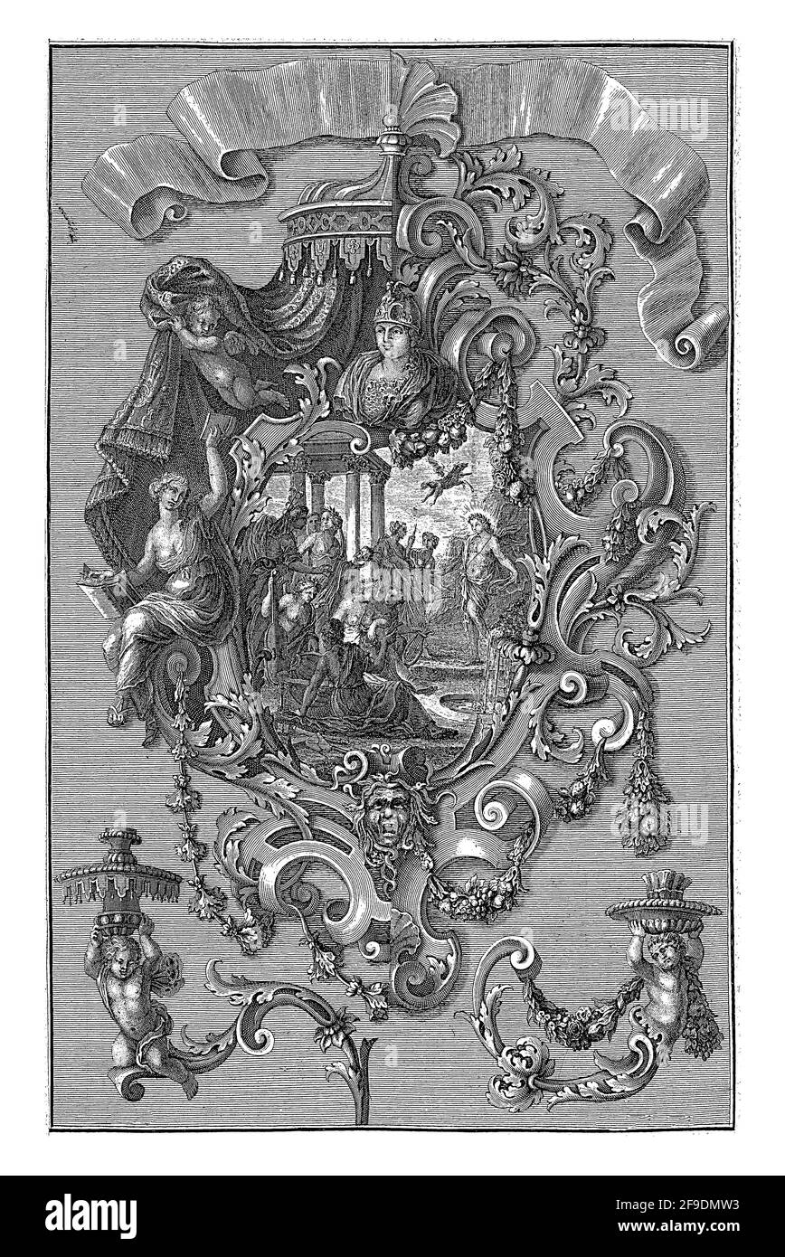 Une cartouche de défilement avec une variante pour la moitié droite, en haut à gauche est suspendue une canopée, au bas de la tête de Medusa. En bas à gauche et à droite Banque D'Images