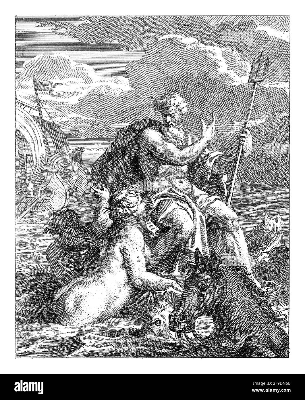 Paysage marin avec Thetis et Neptune. Thetis demande à Neptune de détruire le navire sur lequel Paris et Helena naviguent vers la Grèce. Neptune, entouré de chevaux, est Banque D'Images
