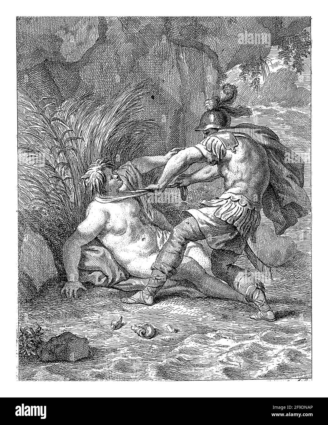 Peleus, en armure, attrape la nymphe d'eau Thetis avec un tissu autour de son cou. Thetis est situé sur le front de mer, contre les roseaux. Banque D'Images