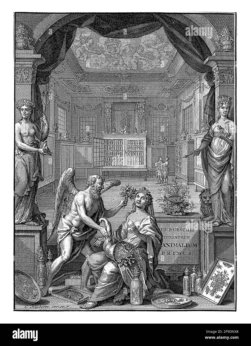 Au centre se trouve mère nature avec une cornucopia. À sa gauche se trouve un homme ailé avec des fleurs dans sa main. Banque D'Images