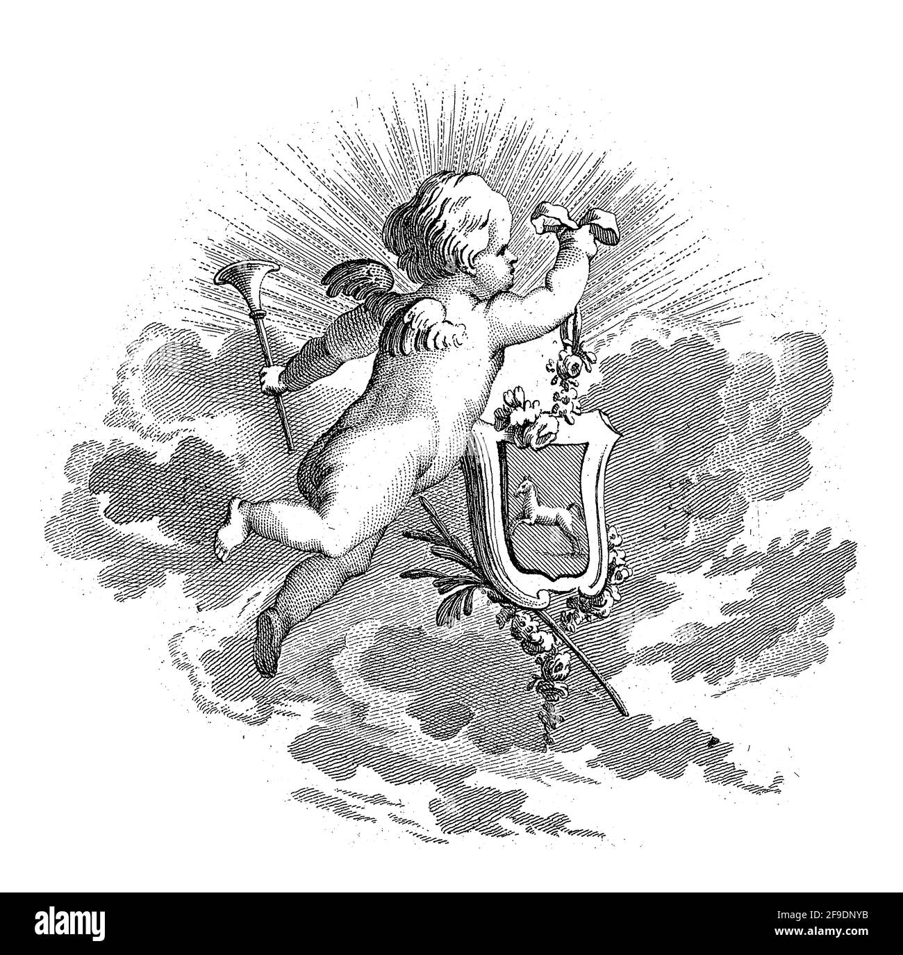 Un puto vu en diagonale de l'arrière, vole dans l'air avec une trompette dans la main gauche et une blason dans la droite. Banque D'Images