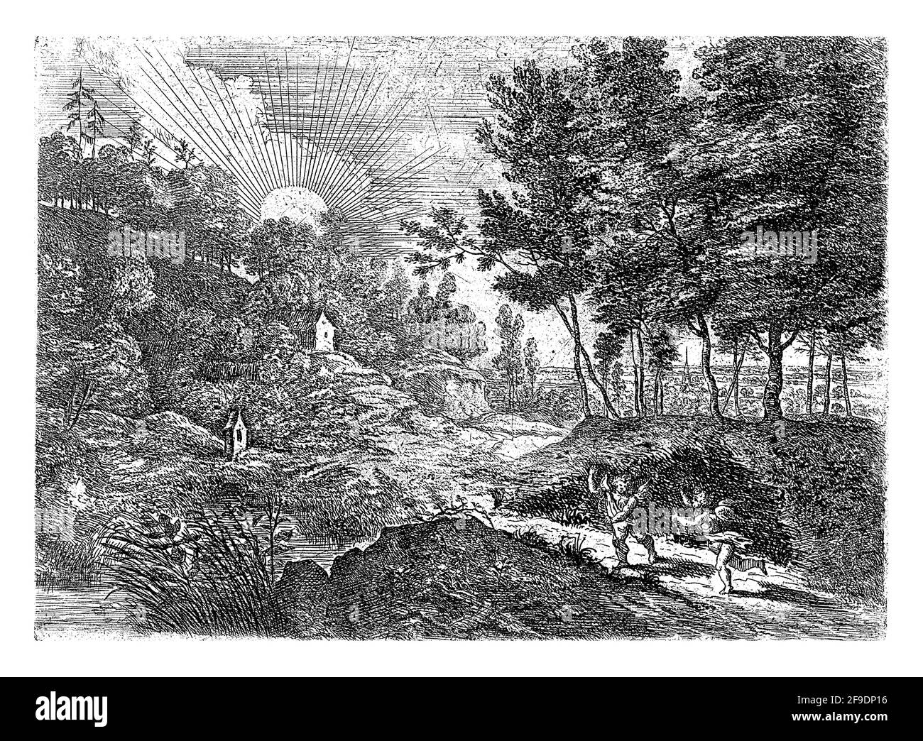 Utilisé comme illustration de livre. Le soleil de réglage a été ajouté à la scène d'origine. Un homme assis, un garçon et une femme avec un pichet ont été remplacés b Banque D'Images