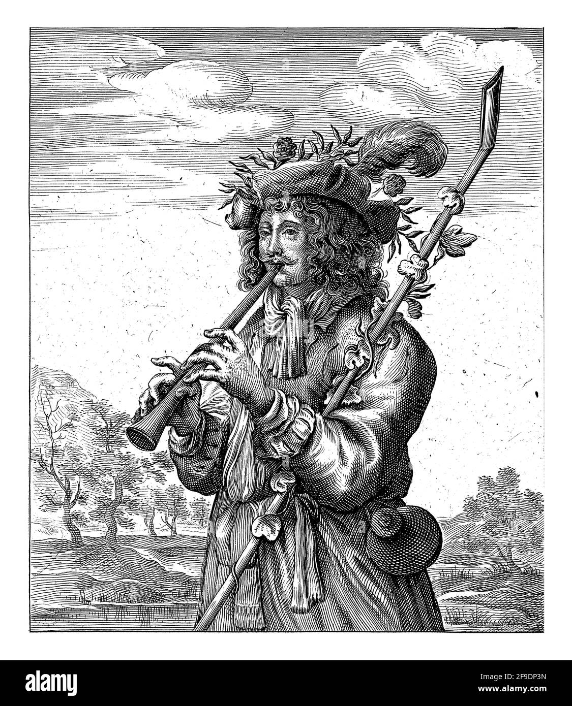 Le berger Coridon joue la flûte et tente de flatter sa chère Sylvia. En dessous de la performance un verset à quatre lignes en néerlandais. Banque D'Images