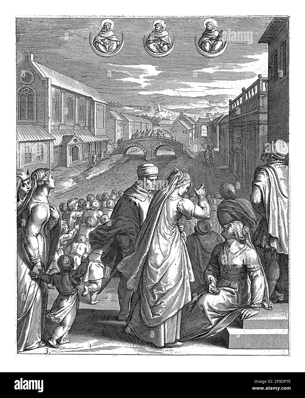 Paysage urbain avec un groupe de figures au premier plan, regardant vers le ciel. Là, ils voient trois fois un croissant de lune avec les bustes des Dominicains Banque D'Images