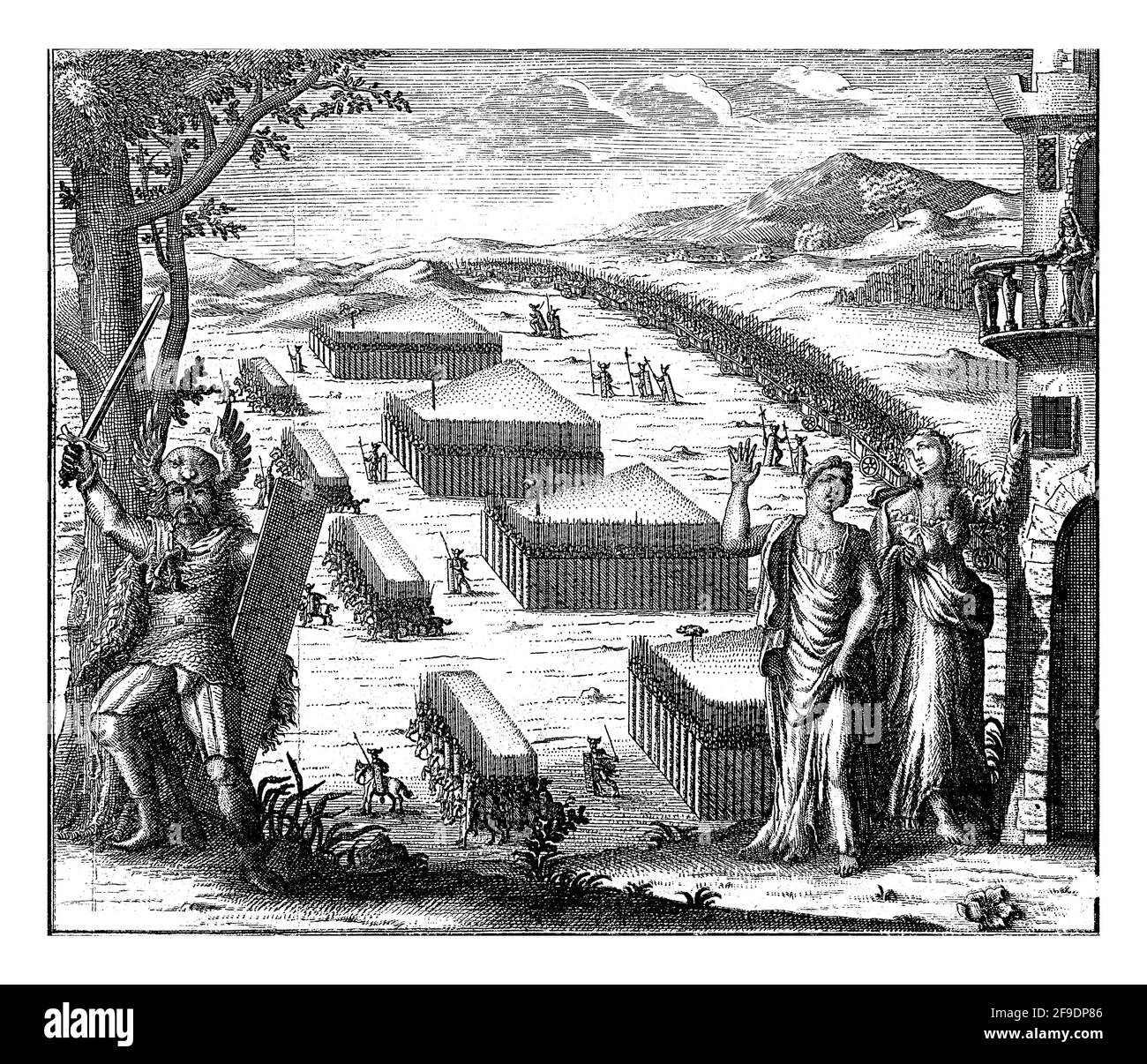 Les soldats à pied et cavaliers de l'armée germanique marchent sur un champ en grandes unités carrées et rectangulaires. Banque D'Images
