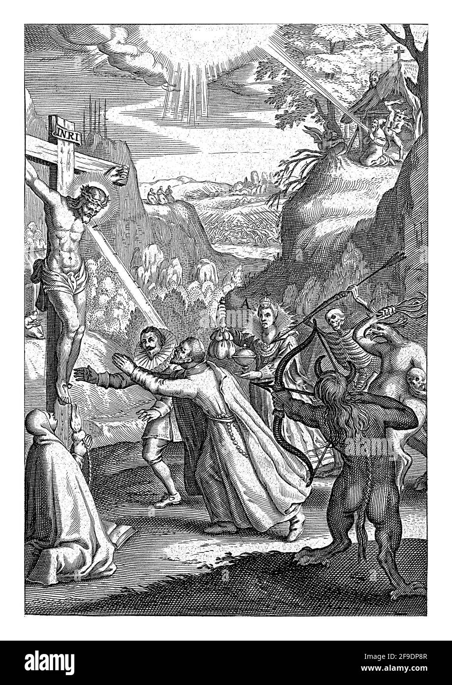 Les hommes se tournent vers le Christ crucifié avec une Marie priant. Ils tournent le dos sur la vie dans le péché, les tentations du diable et le danger de mort. Po Banque D'Images