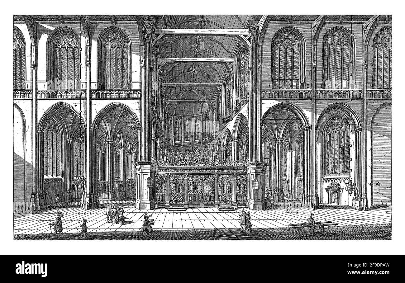 Intérieur du Nieuwe Kerk à Amsterdam, en direction de l'est vers le chœur. Ci-dessous le titre en néerlandais et en français. Banque D'Images