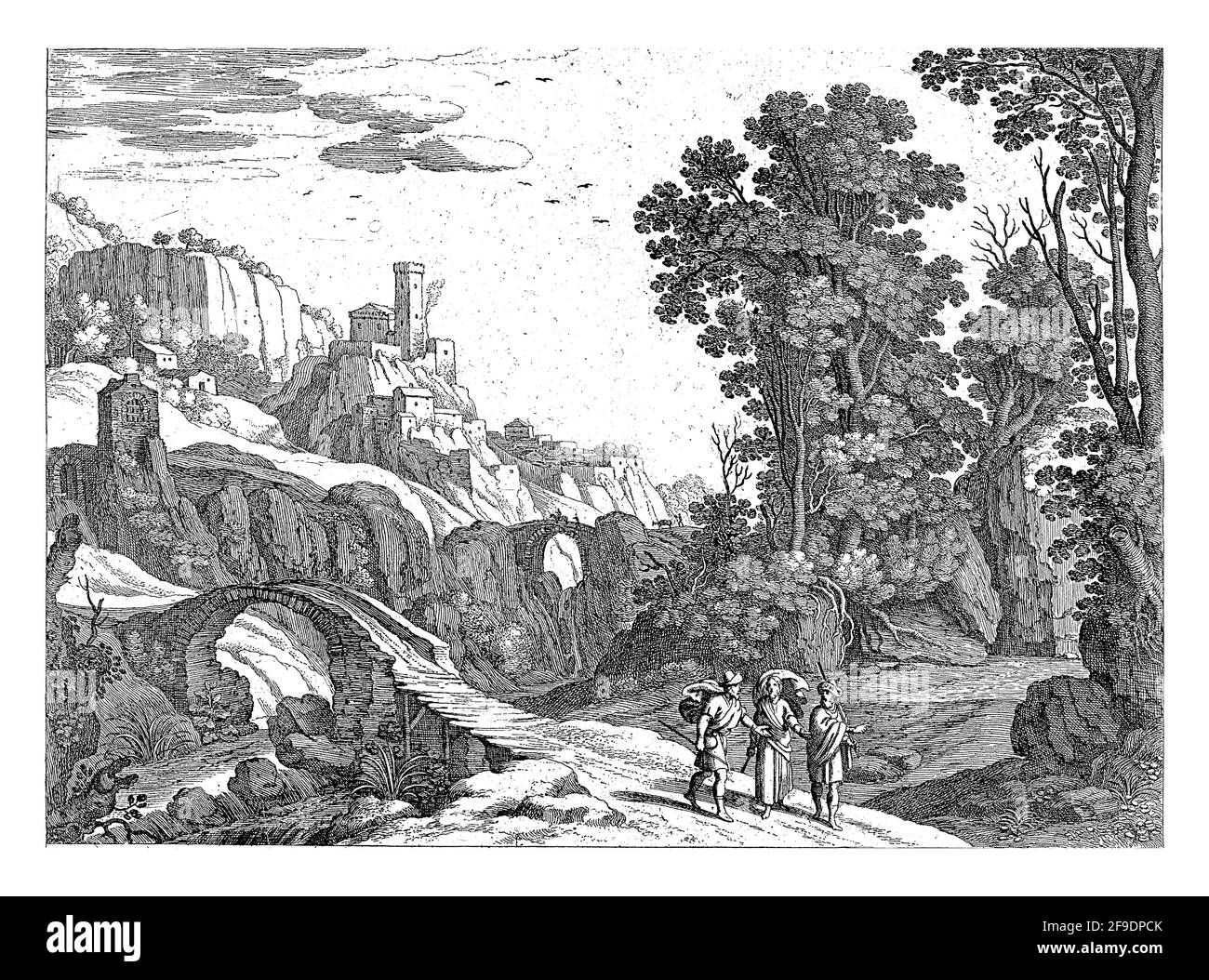 Dans un paysage italien, avec deux ponts voûtés au-dessus d'une rivière, la promenade Emmaus. Christ marche entre eux. De l'histoire de la Bible dans Luc. 24: 13-27. Banque D'Images