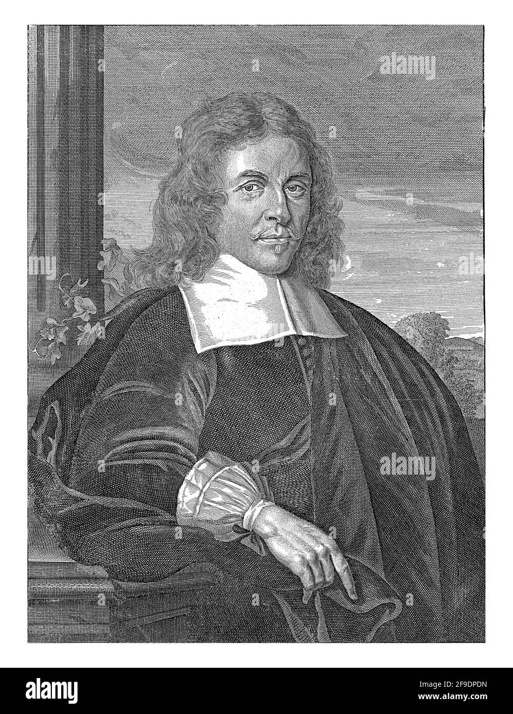 Portrait de Petrus Bortius en demi-figure debout par colonne. Au-dessous de la performance est un verset latin par J. van Alphen. Banque D'Images